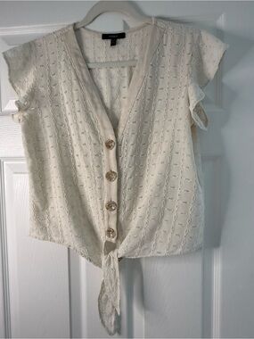 Studio F Cream Eyelet Tie-Front Button Top